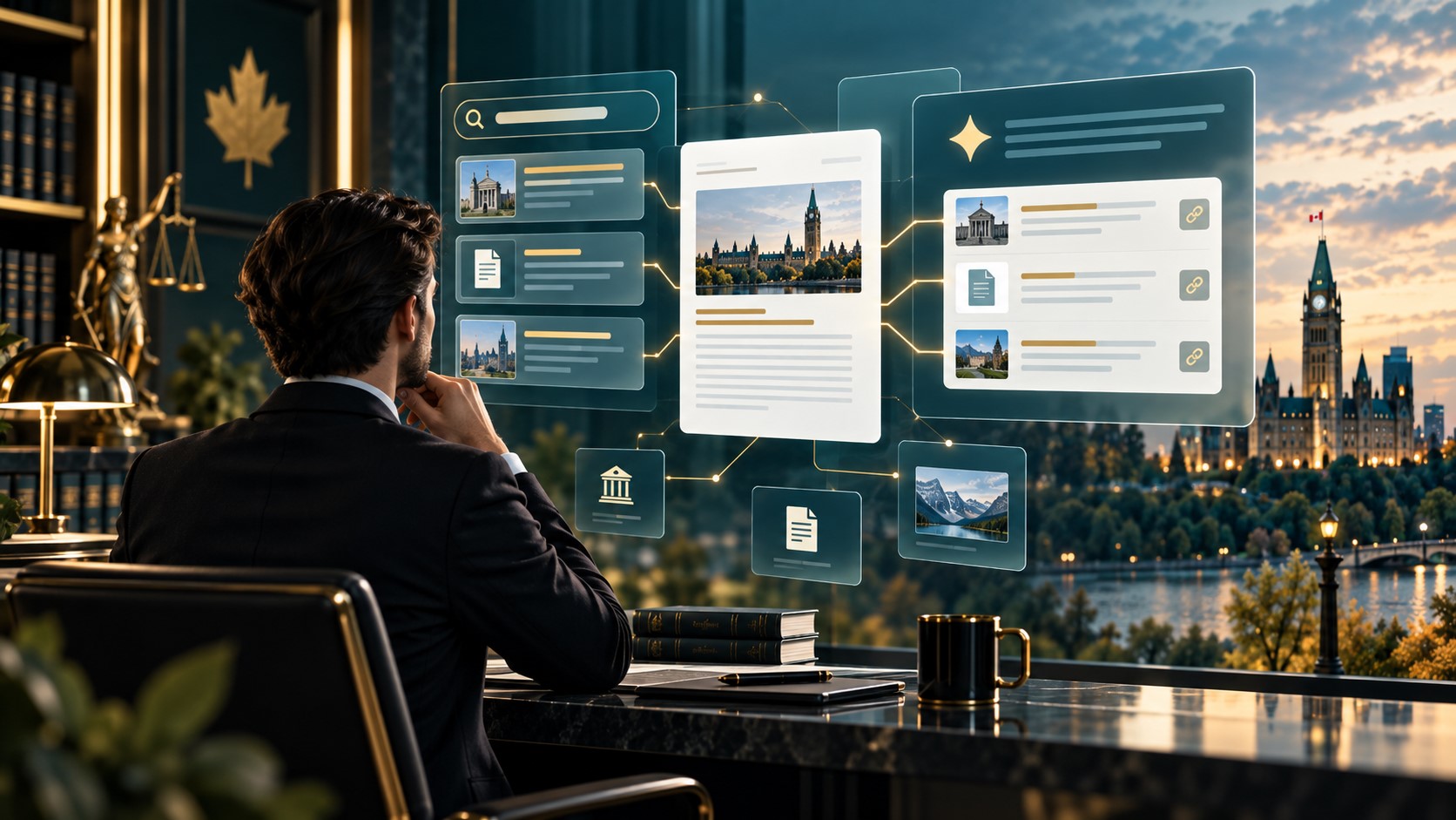 Canadian lawyer viewing AI-assisted search results and cited source cards from a law-firm website