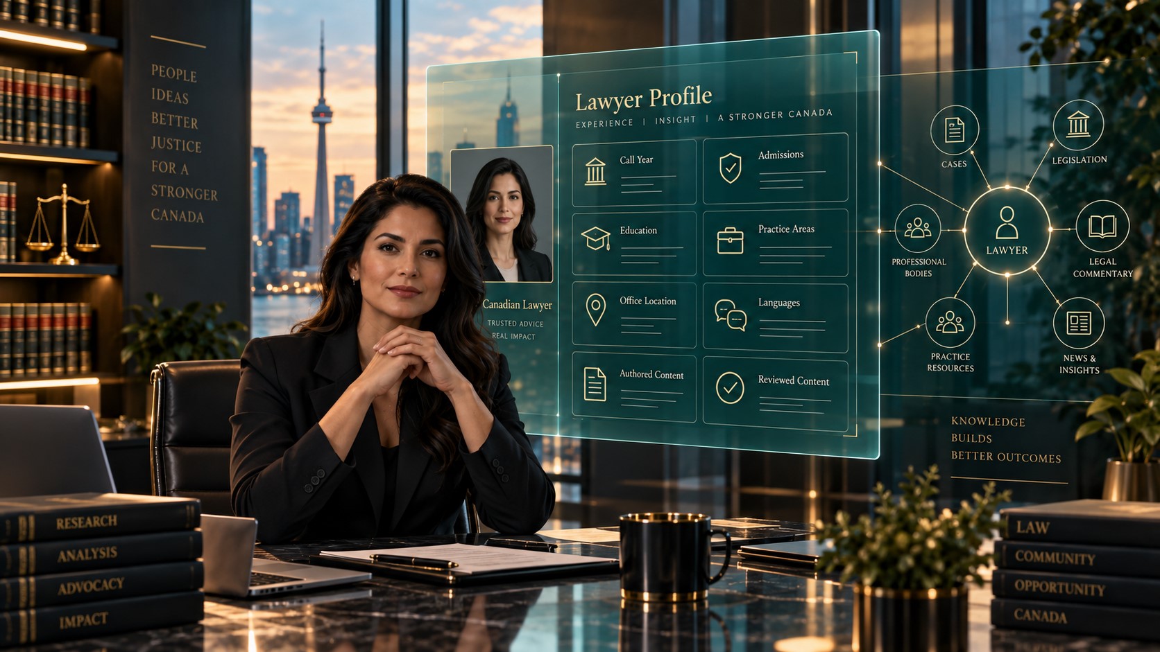 Lawyer and client reviewing a client question connected to practice pages, FAQs, lawyer profiles, sources and private knowledge