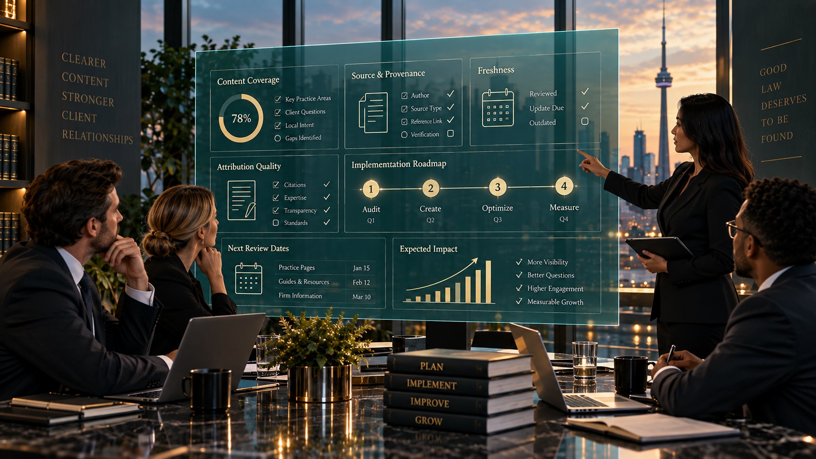 Canadian law-firm team reviewing structured content, lawyer profiles, question coverage and AI answerability